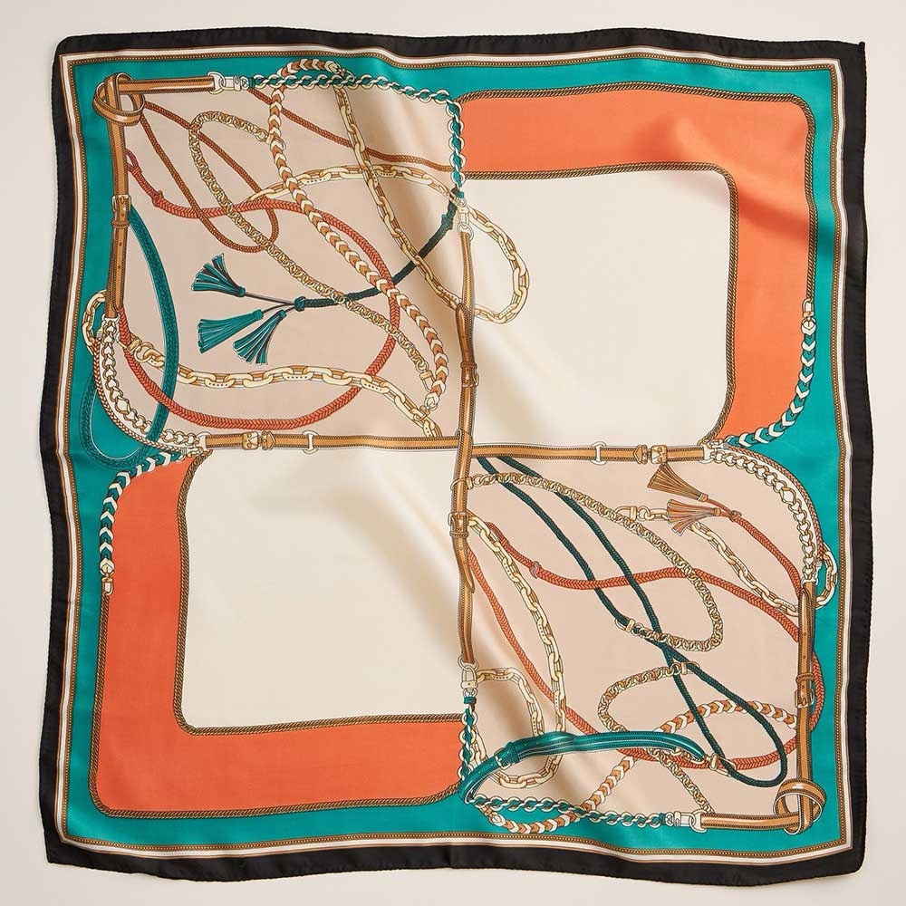 Elegant Silk Scarf with Orange and Teal Accents